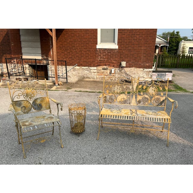 Antique Folding Wrought Iron Grapevine/Sunflower Patio Seating & Planter, 3 Pieces For Sale - Image 11 of 11