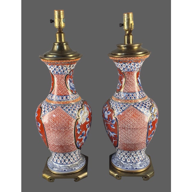 Vintage Table Lamps Floral Asian Japanese Imari Brass Base - a Pair For Sale - Image 6 of 17