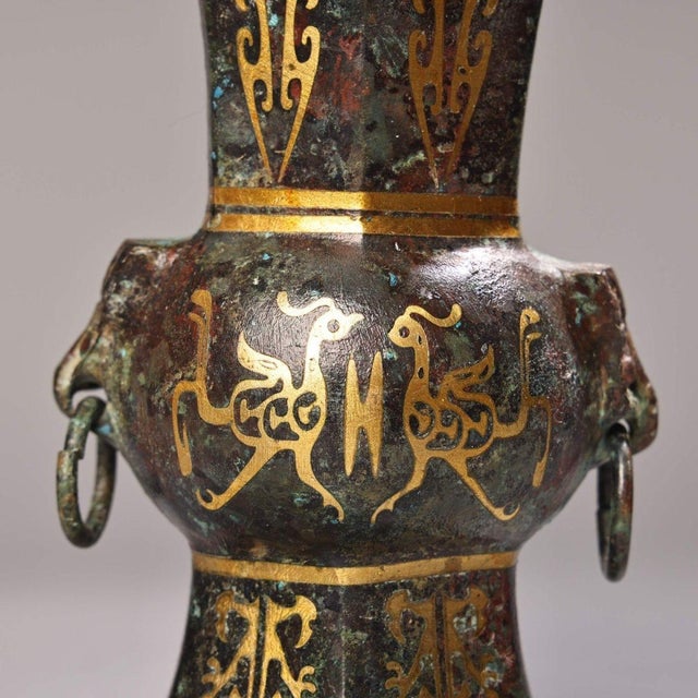 Late 20th Century Pair of Vintage Bronze Vases With Gold Inlay - Archaic Style Gu Vessels For Sale - Image 5 of 10