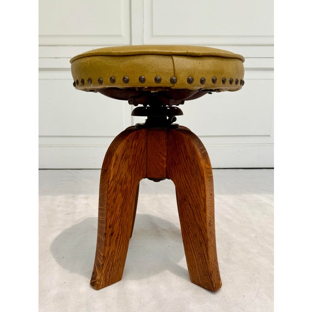 Early 20th Century Arts and Crafts Mustard Yellow Nailhead Swivel Solid Wood Stool For Sale - Image 5 of 12