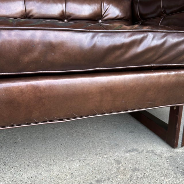 Brown Midcentury Modern Matallic Brown Tufted Vinyl Sofa Wood and Chrome Legs For Sale - Image 8 of 12