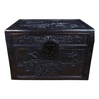 Antique Zitan Wood Carved "Brocade and Flowers" Document Box / Treasure Chest For Sale