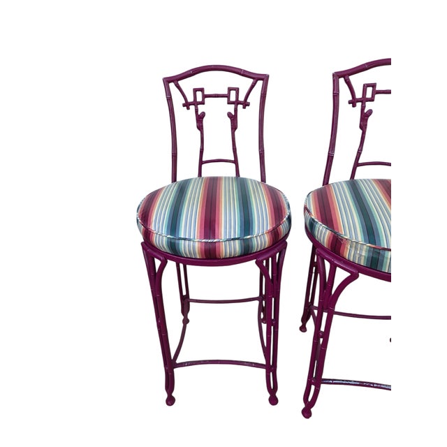 1970s 2 Vintage Chinese Chippendale Regency Side Chair Counter Stools Aluminum Bamboo For Sale - Image 5 of 16