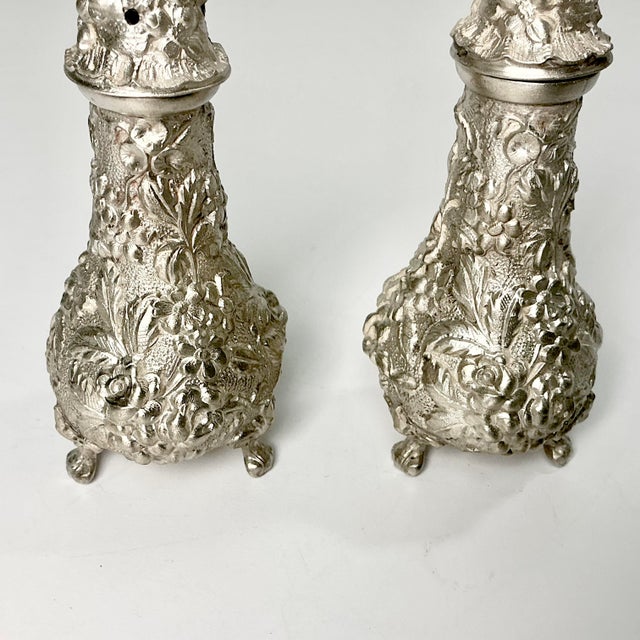 Vintage Hollywood Regency Chippendale Stieff Repousse Full Chased Sterling Footed Salt & Pepper Shakers - A Pair For Sale - Image 6 of 13
