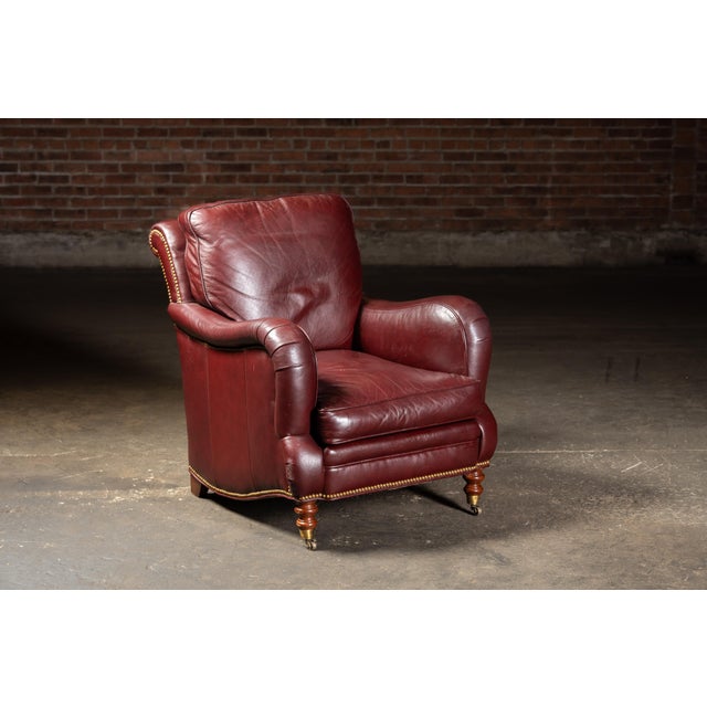 English Late 20th Century Pair of Plush Leather Armchairs With Ottoman in Burgundy For Sale - Image 3 of 18