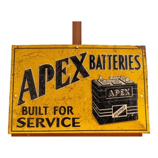 Vintage Apex Batteries Embossed Tin Litho Sign For Sale
