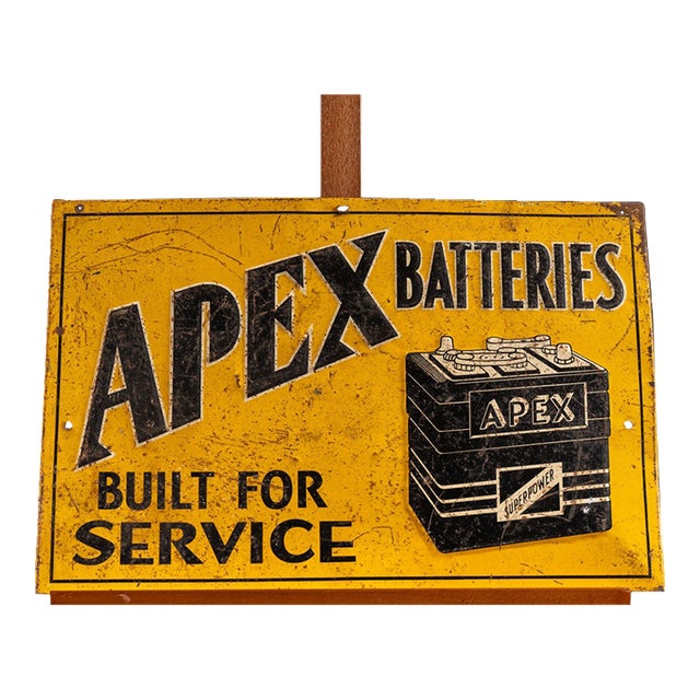Vintage Apex Batteries Embossed Tin Litho Sign For Sale