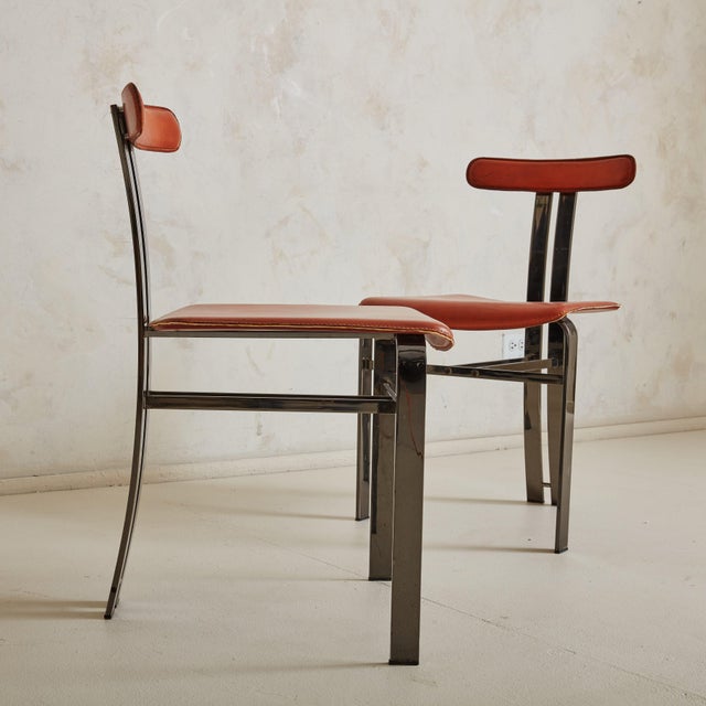 Burnt Orange Leather + Chrome Frame Chairs, Italy 1970s - A Pair For Sale - Image 4 of 11