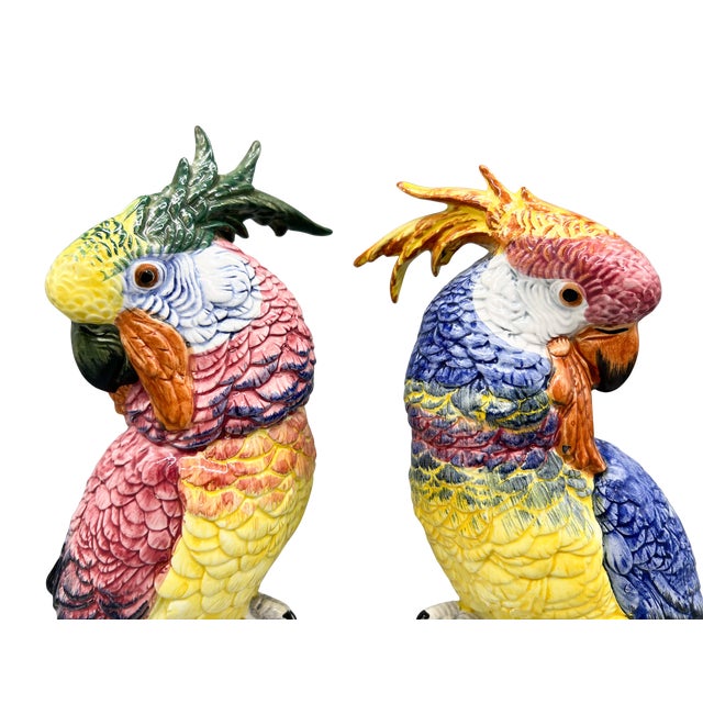 Pair of Italian Chelsea House Vintage Hand-Painted Ceramic Cockatoo Parrot Figures – Hollywood Regency / Tropical Revival For Sale - Image 12 of 12