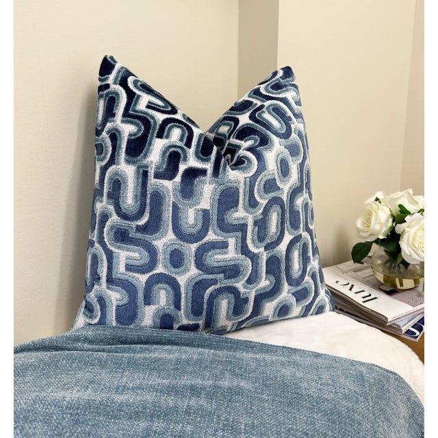 Textile Blue Groove 22x22 Velvet Pillow With Feather Down Insert For Sale - Image 7 of 7