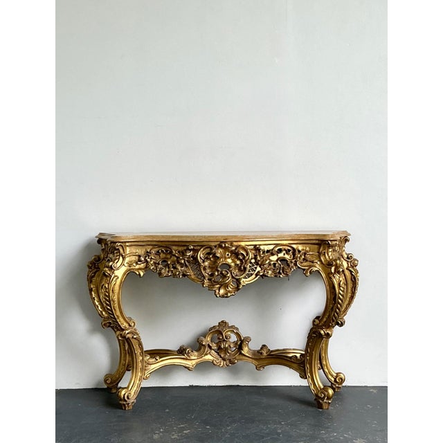 Antique Giltwood Rococo Style Console Marble Top Table For Sale - Image 10 of 18