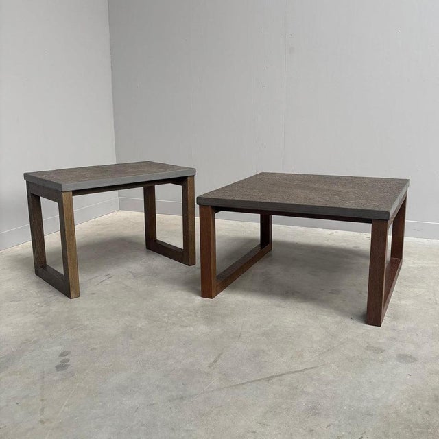 Remarks: Vintage side tables, Germany 1970s. Solid oak frames with slate stone table tops. Both in excellent condition....