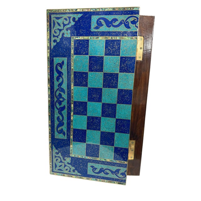 2020s Handmade Wooden Backgammon & Chess Board Lapis, Turquoise & Mother of Pearl For Sale - Image 5 of 14