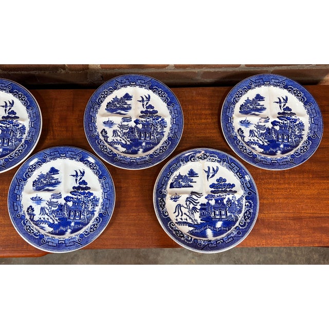 English Vintage Blue Willow English Ceramic Divided Dinner Plates - Set of 6 For Sale - Image 3 of 9