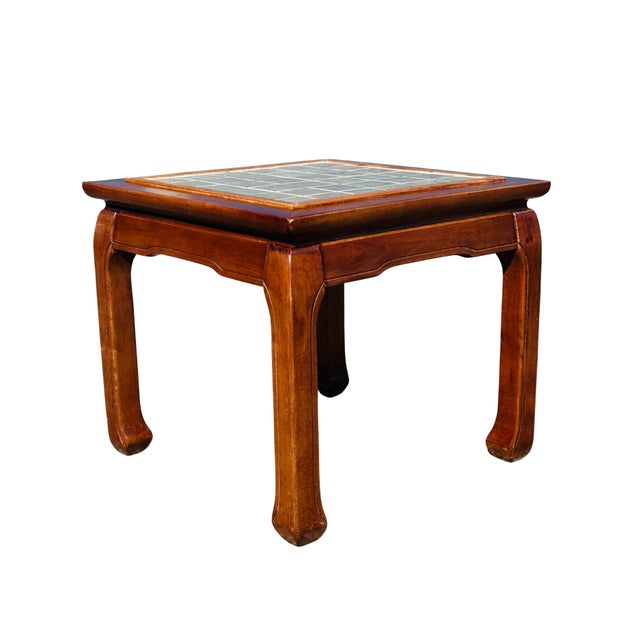 Mid-Century Modern Vintage Ming Style Elmwood Square Coffee Table With Tile Inlay Top – Asian Chinoiserie Hardwood Accent Table With Horse Hoof Legs For Sale - Image 3 of 8