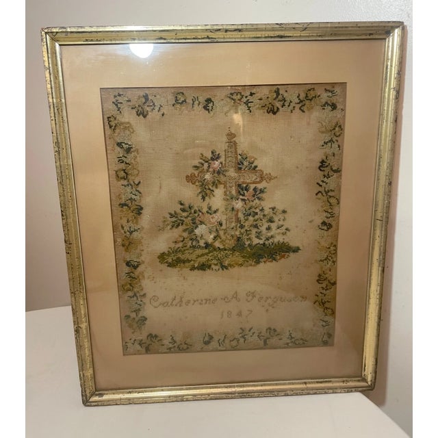 Wood Antique 1800's Hand Embroidered Needlepoint Sampler Religious Cross Memorial Art For Sale - Image 7 of 12