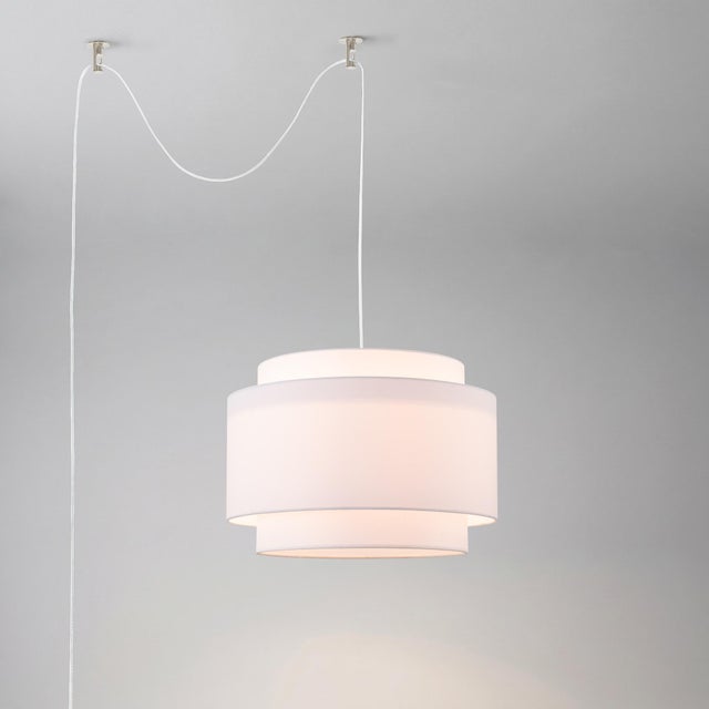 Nova Coronado 18 Swag Lamp - Satin Nickel Steel, Double Drum White Linen Shade, Dimmable Plug-in Modern Luminaire With Cord Hooks For Sale - Image 4 of 6