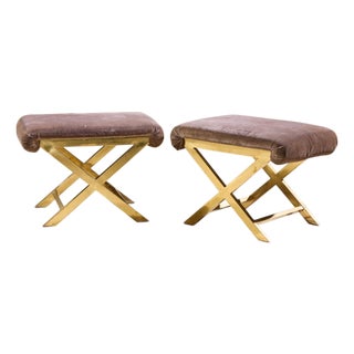 Warren Lloyd for Weiman Mid Century Brass X Base Stools - Pair For Sale
