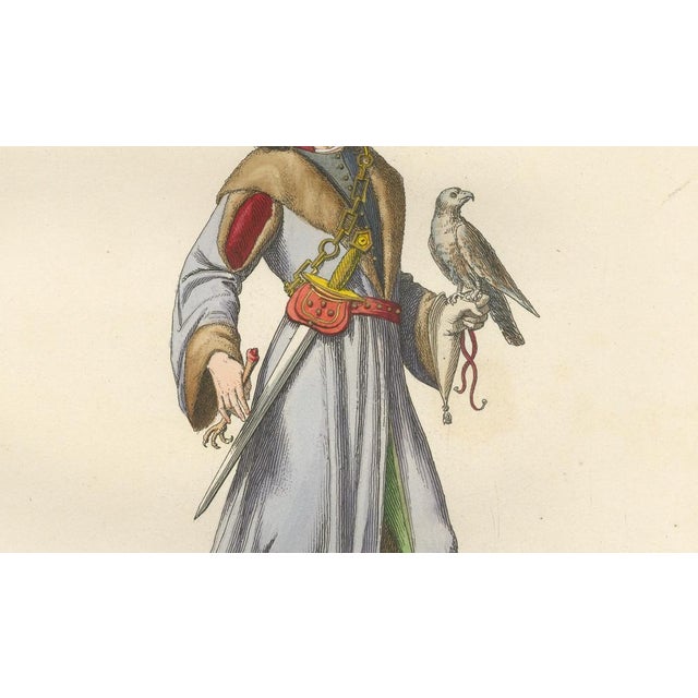 Bonnard, Medieval Falconer Figure, Hand-Colored Engraving, 1845 For Sale - Image 3 of 10
