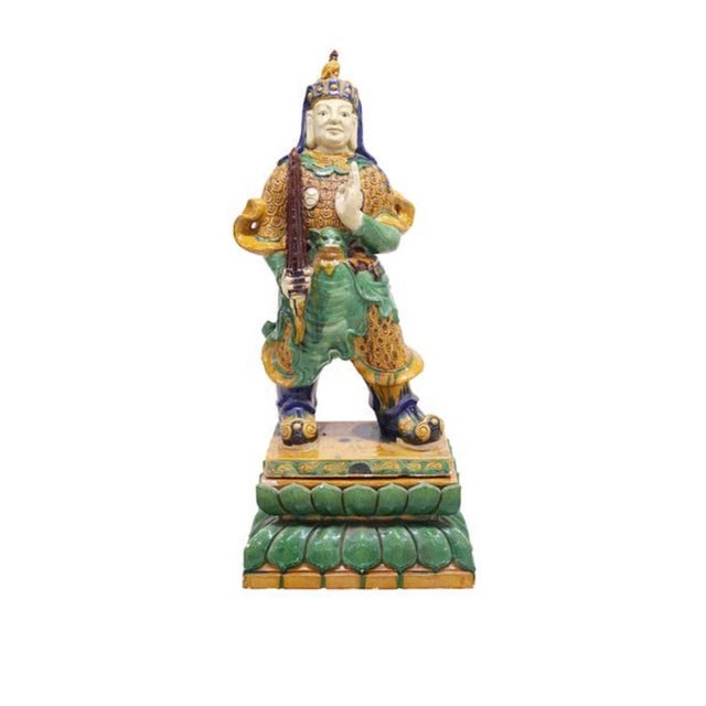 Green Large Old Chinese Sancai Glazed Pottery Ming Guardian Warrior Figure Statue For Sale - Image 8 of 9
