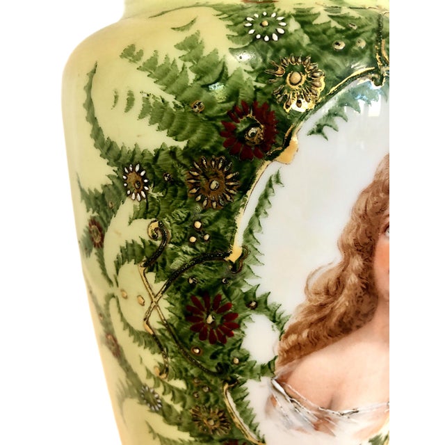 Celadon Matched Pair of Late 19th-Century Porcelain Vases With Portraits of Young Women For Sale - Image 8 of 12