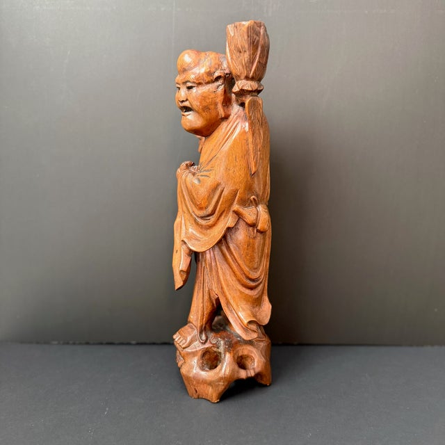 Hand Carved Wood Happy Buddha Statue With Candle Holder For Sale - Image 4 of 12