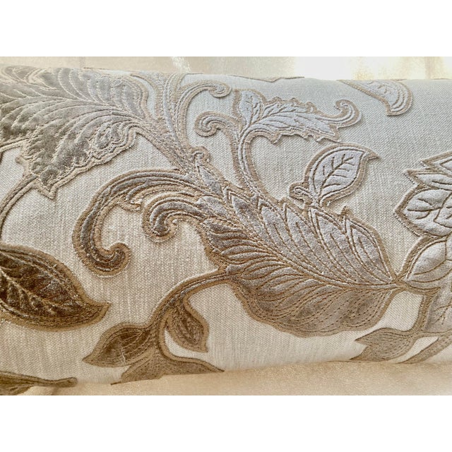 Modern Velvet Foliage Appliquéd Linen and Silk Decorative Lumbar Pillow Cover For Sale - Image 3 of 8