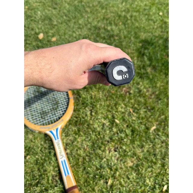 Brown Pair of Colorful Vintage Wooden Tennis Rackets For Sale - Image 8 of 12