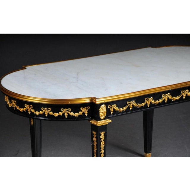 Metal 1960s Designer Couch Table in Louis XVI Black, White Marble For Sale - Image 7 of 10
