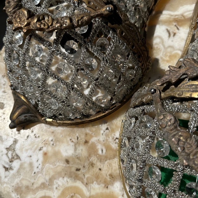 Vintage Gold Metal and Crystal Small Basket Style Wall Sconces - a Pair For Sale - Image 4 of 6