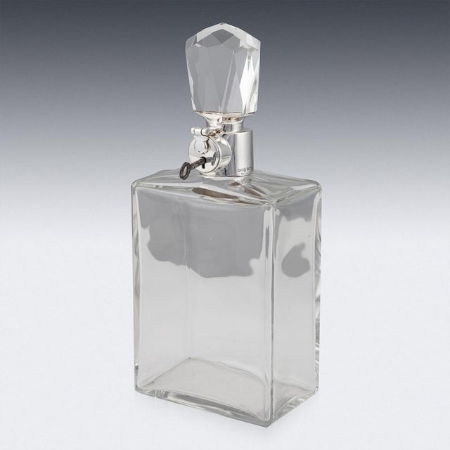 20th Century English Solid Silver & Glass Spirit Decanter with Lock & Key, 1930s For Sale - Image 3 of 14