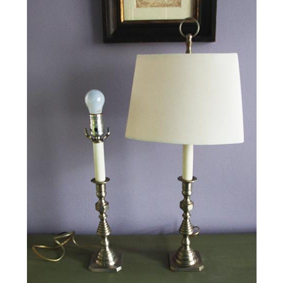 1980s Pair of 1980s Baldwin Pewter Candle Stick Table Lamps With Rectangular Bowed Shades For Sale - Image 5 of 6