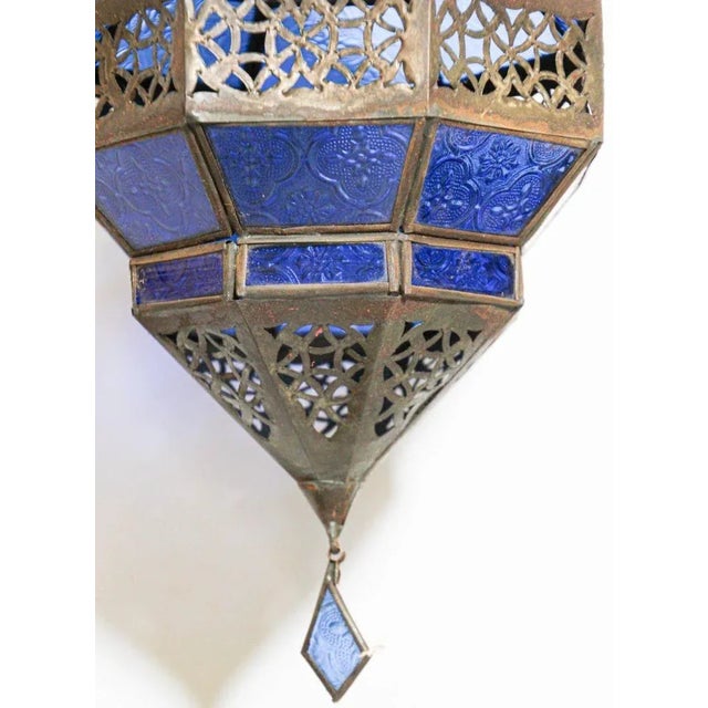 Handcrafted Moroccan Blue Glass Lantern, Metal Octagonal Diamond Shape