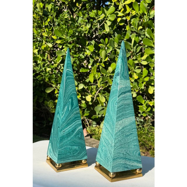 Vintage Faux Malachite Obelisk Sculptures With Brass Bases, Pair For Sale - Image 9 of 12