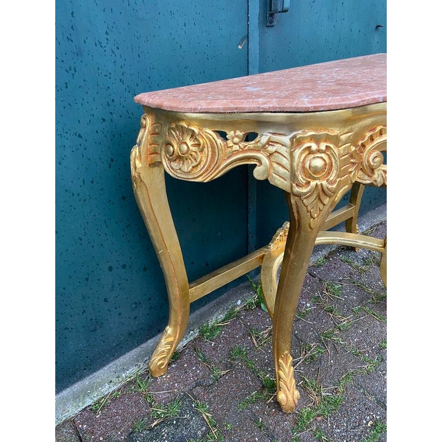 Pink 1990s Italian Baroque/Rococo Gilded Beech Console Table With Pink Marble Top For Sale - Image 8 of 10