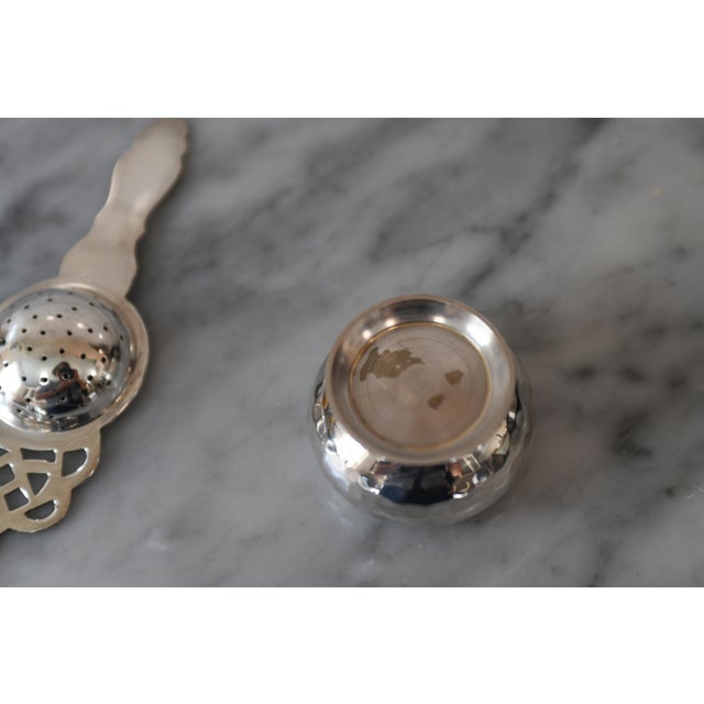 Vintage Loose Tea Leaf Bag Strainer Silver Plate Tea Strainer W Hammered Bowl For Sale - Image 9 of 10