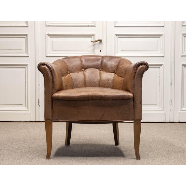 Art Nouveau Swedish Club Chair in Brown Leather, 1940s For Sale - Image 11 of 11
