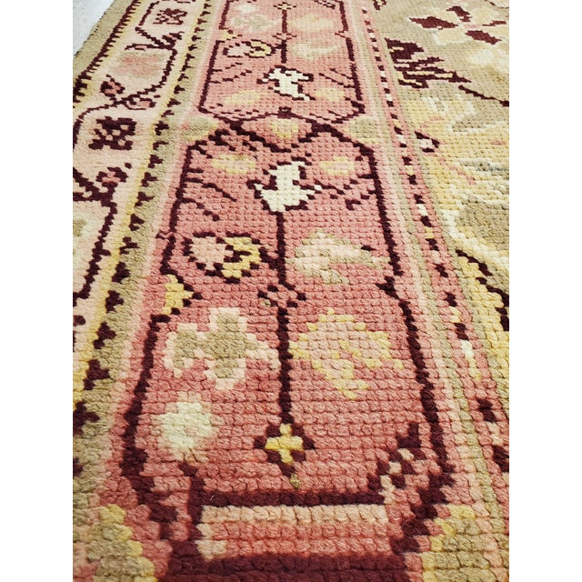 Turkish Antique Oushak Carpet, Handmade Oriental Rug, Pale Green, Coral, Taupe and Cream For Sale - Image 3 of 16
