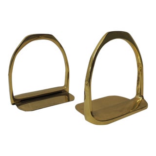 Pair of Brass Hermes Style Horse Saddle Stirrups Bookends For Sale