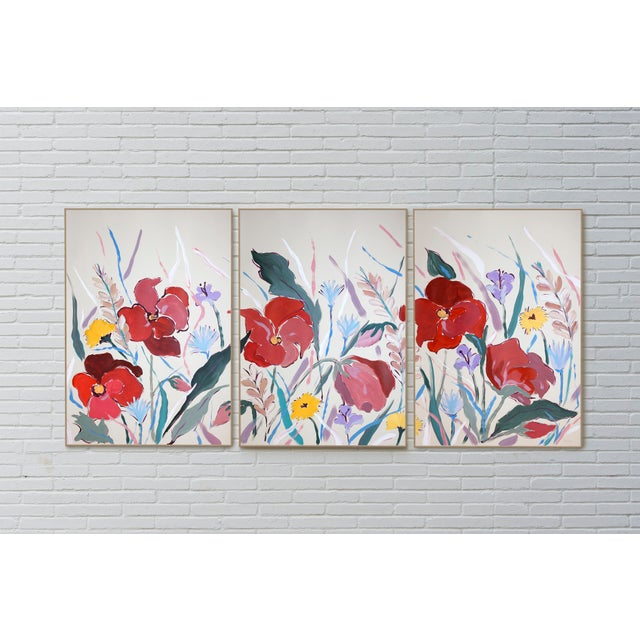Illustration 2026, Illustration Style Painting Triptych of Poopies and Wildflowers, Acrylic Paint on Watercolor Paper by Romina Milano For Sale - Image 3 of 11