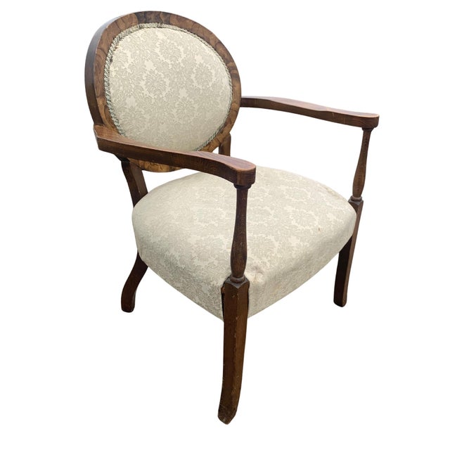 Art Deco Walnut Spoonback Open Frame Armchair with Cream Damask Upholstery For Sale - Image 9 of 11