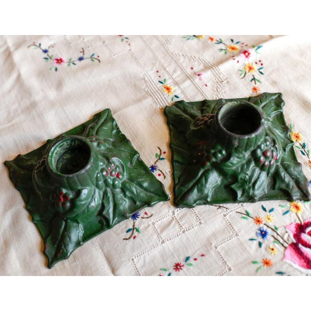 1920s Antique 1920's Holly Cast Iron Hand Painted Candle Holders- A Pair For Sale - Image 5 of 5