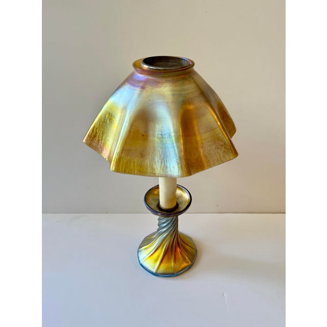 American 1900s Louis Comfort Tiffany Favrile Glass Candle Lamp Signed 12” Tall Beautiful Condition For Sale - Image 3 of 12