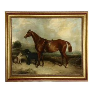 "Chestnut Horse With Two Dogs" Contemporary Reproduction Print on Canvas, Framed 23.5x19.5