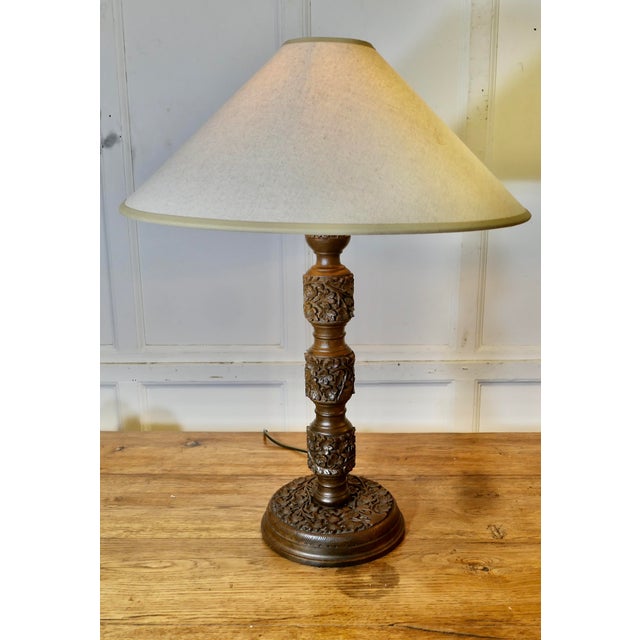 1940s Teak Carved Tree of Life Table Lamps, 1940s, Set of 2 For Sale - Image 5 of 9