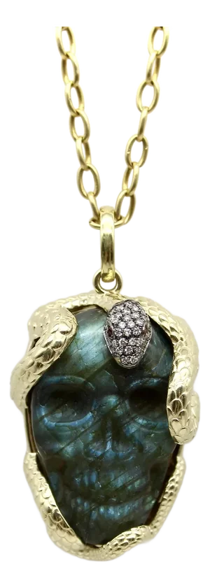 14k Gold Intertwining Snake and Carved Labradorite Skull Pendant