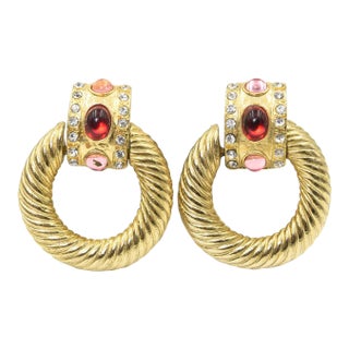 1980s Large Gold Plated Red Pink Clear Rhinestone Door Knocker Clip On Earrings - 2 Pieces For Sale