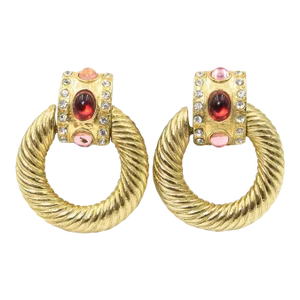 1980s Large Gold Plated Red Pink Clear Rhinestone Door Knocker Clip On Earrings - 2 Pieces