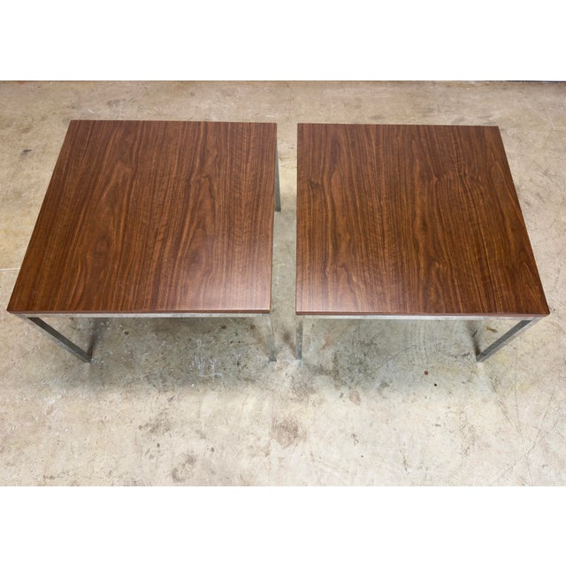Brown 1970’s Florence Knoll “T Angle” Chrome & Walnut Laminate Side Tables Matching Pair For Sale - Image 8 of 12