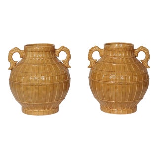 1970s Ceramic Basketweave Jars with Handles - A Pair For Sale